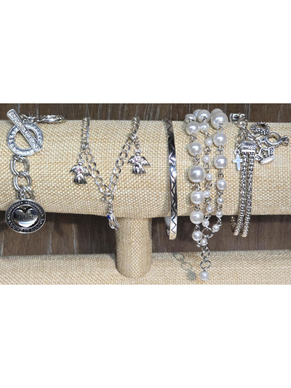 Premier Designs 5 Bracelet Lot Silver Tone Bangle Faux Pearl Chain Toggle Charm